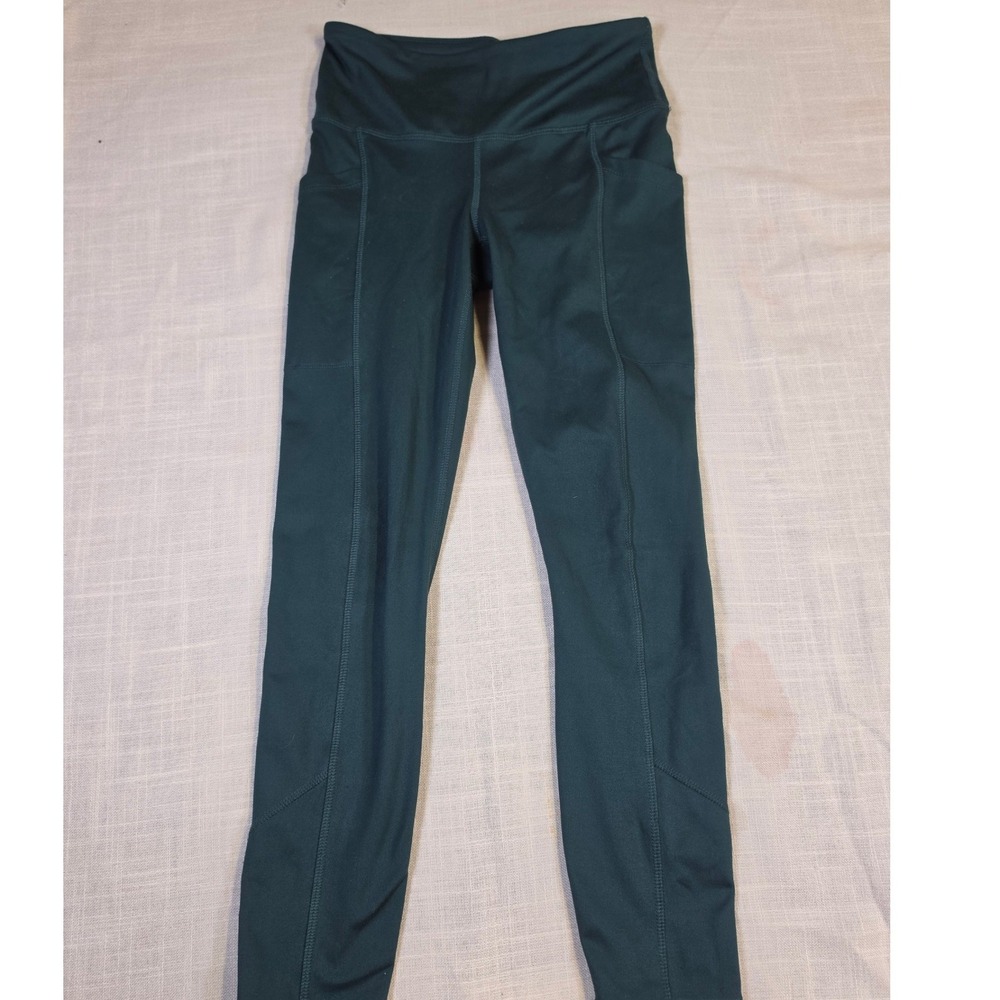Marika Sport Womens High Waisted Athletic Leggings Green Side Pockets Small